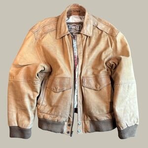 Vtg First Genuine Leather Bomber Jacket M Tan Flight Jacket Moto Gorpcore Grunge